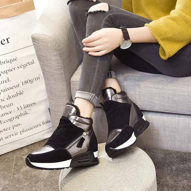 Women High Top Casual Sneakers Warm Thick Soles, Size:38(Black)