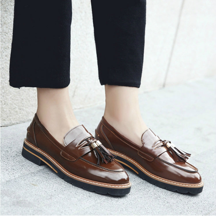 Round Toe Leather Slip-on Shoes Nonslip Flats Shoes, Size:37