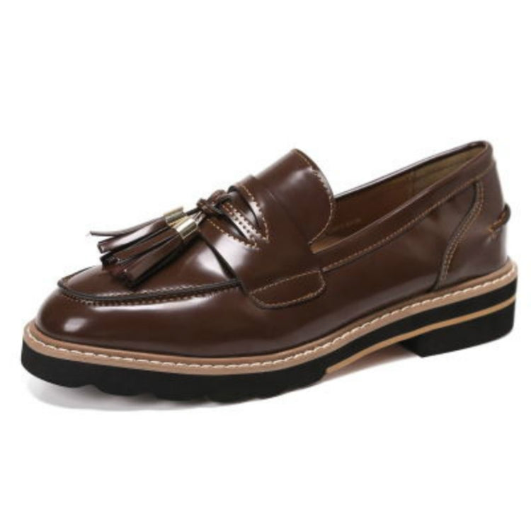 Round Toe Leather Slip-on Shoes Nonslip Flats Shoes, Size:37