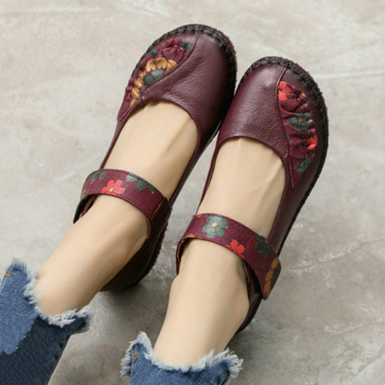 Flower Round Toe Soft Bottom Vintage Leather Flat Shoes, Szie:37