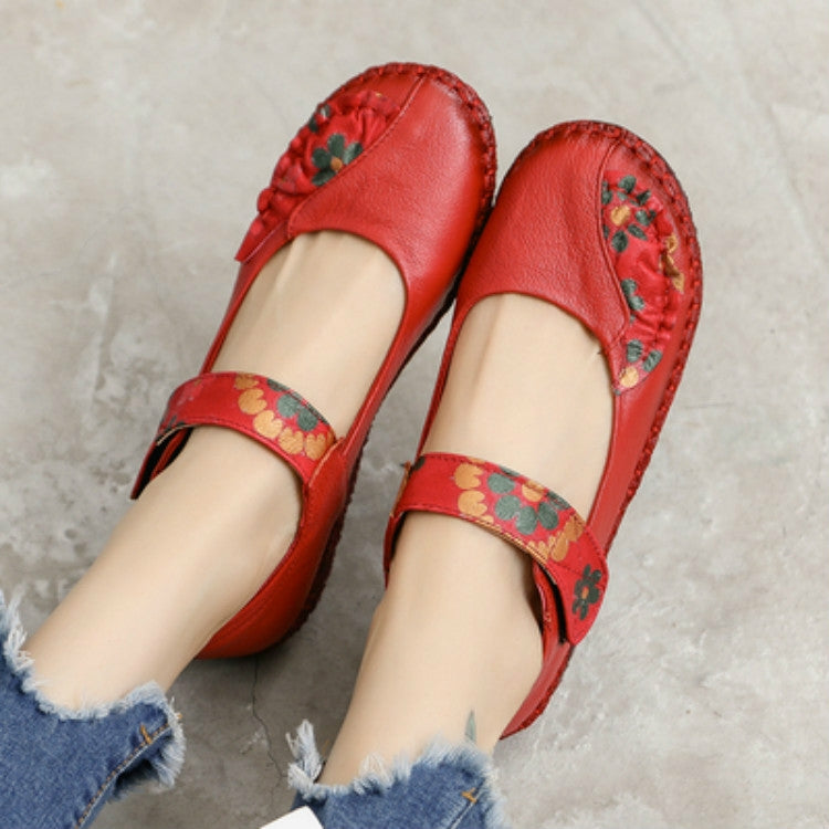 Flower Round Toe Soft Bottom Vintage Leather Flat Shoes, Szie:37