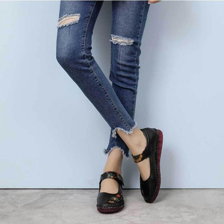 Flower Round Toe Soft Bottom Vintage Leather Flat Shoes, Szie:37