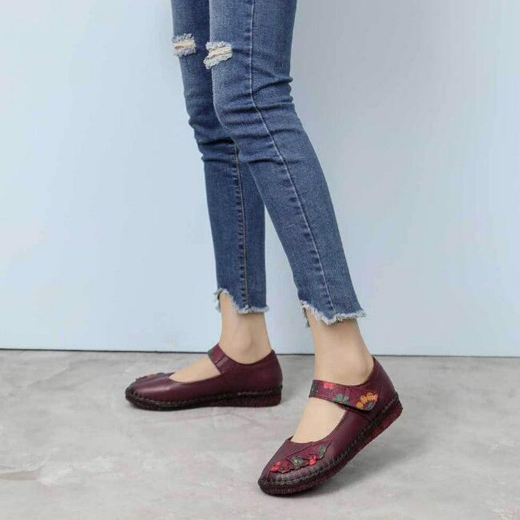 Flower Round Toe Soft Bottom Vintage Leather Flat Shoes, Szie:37