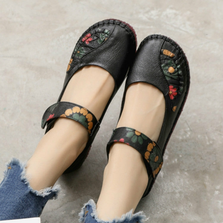 Flower Round Toe Soft Bottom Vintage Leather Flat Shoes, Szie:37