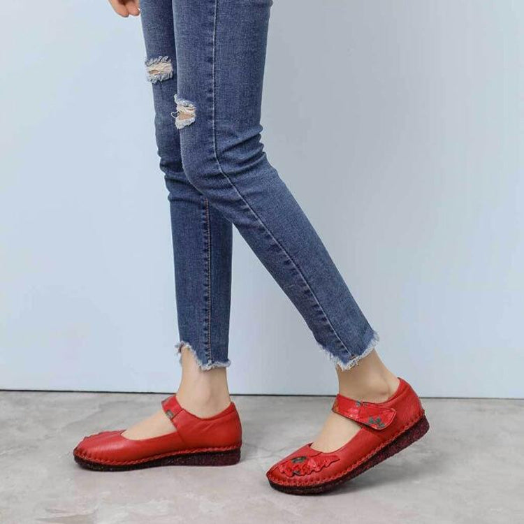 Flower Round Toe Soft Bottom Vintage Leather Flat Shoes, Szie:37