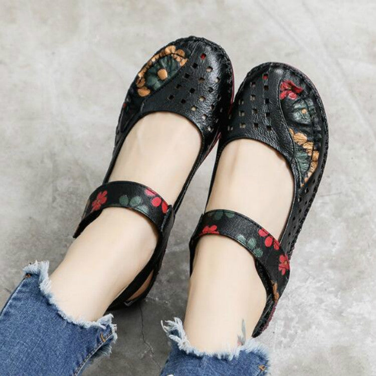 Flower Round Toe Soft Bottom Vintage Leather Flat Shoes, Szie:37