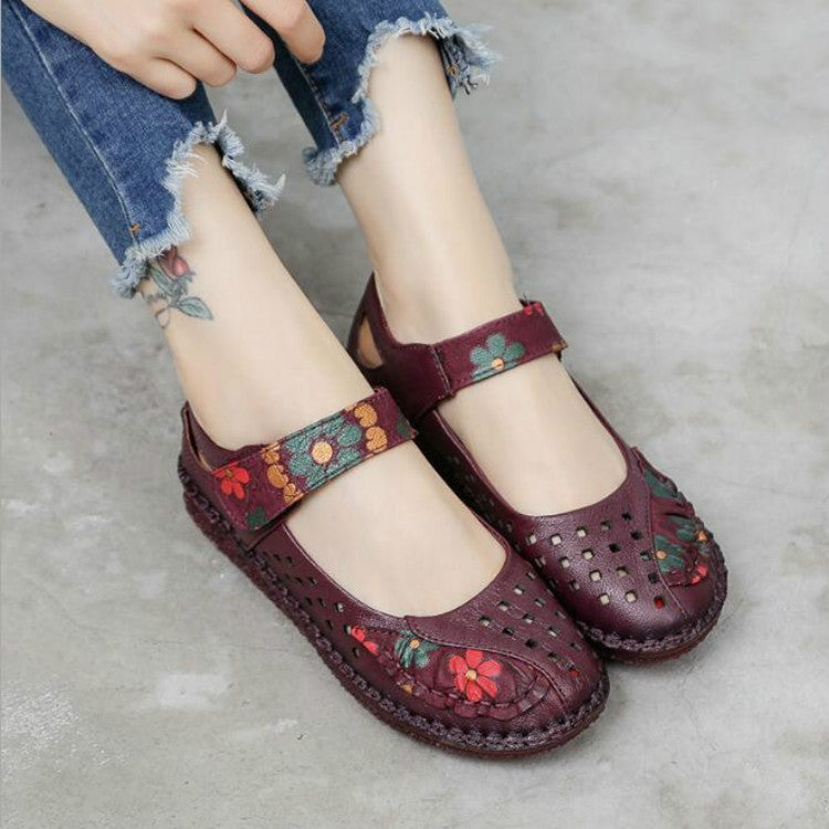 Flower Round Toe Soft Bottom Vintage Leather Flat Shoes, Szie:37