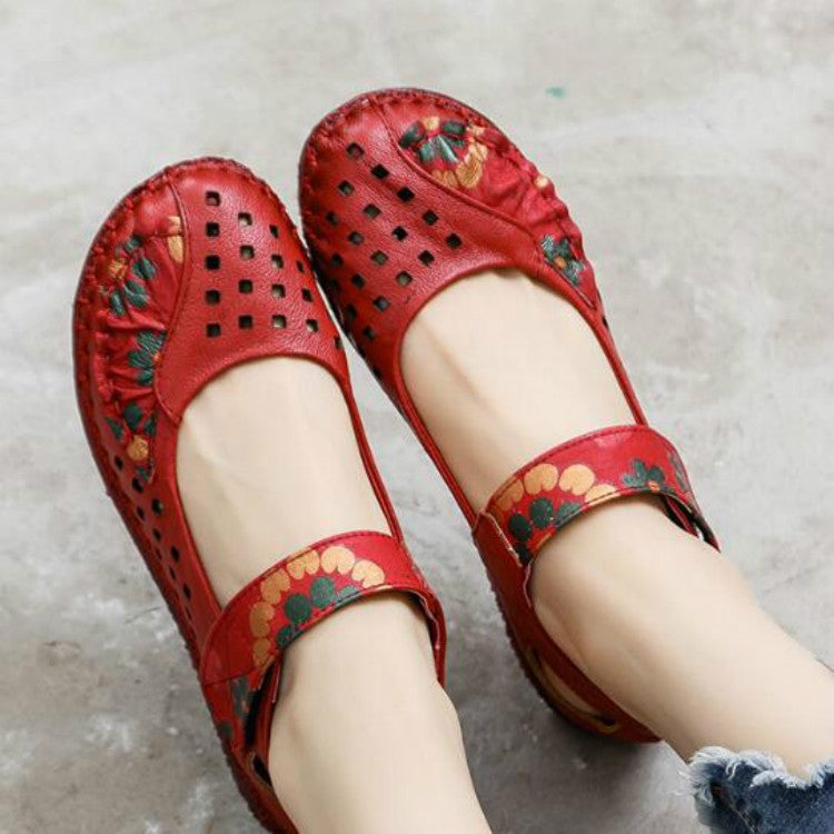 Flower Round Toe Soft Bottom Vintage Leather Flat Shoes, Szie:37