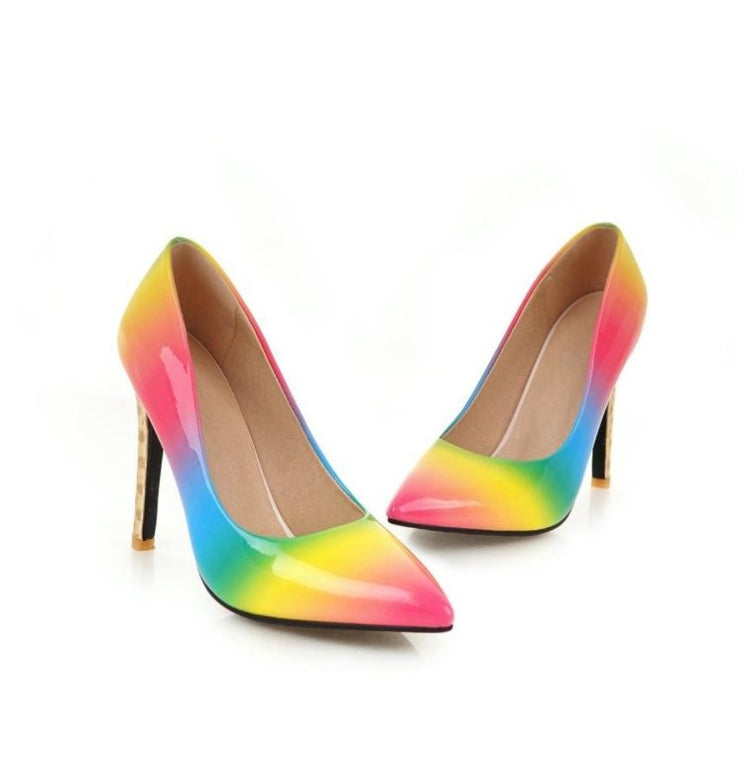 PU Pointed Fine With Rainbow Color Shallow Stiletto Hight Heel, Size:39