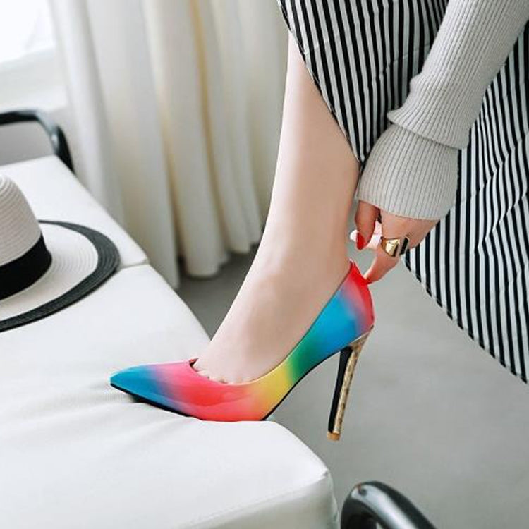 PU Pointed Fine With Rainbow Color Shallow Stiletto Hight Heel, Size:43
