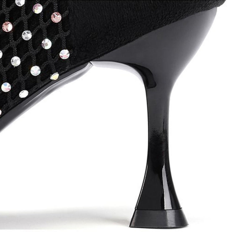 Pointed Mesh Rhinestone Hollowed High Heel Sandals, Shoe Size:35(Black)