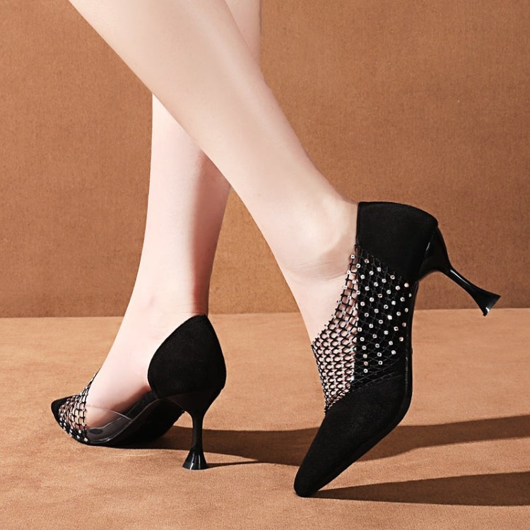 Pointed Mesh Rhinestone Hollowed High Heel Sandals, Shoe Size:35(Black)