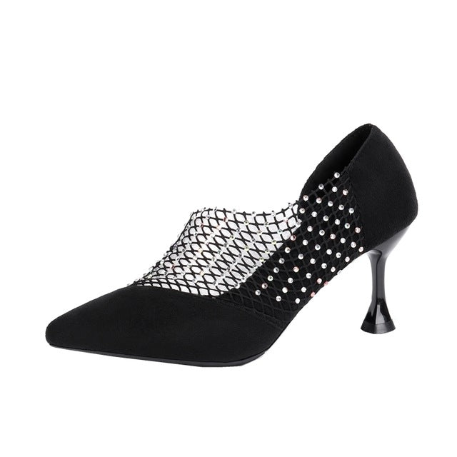 Pointed Mesh Rhinestone Hollowed High Heel Sandals, Shoe Size:38(Black)