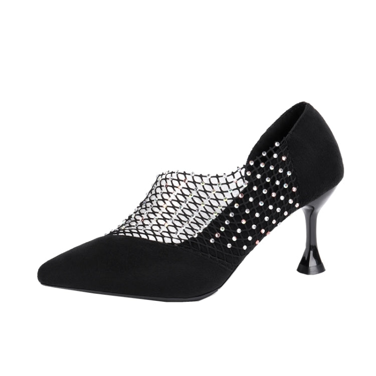 Pointed Mesh Rhinestone Hollowed High Heel Sandals, Shoe Size:40(Black)