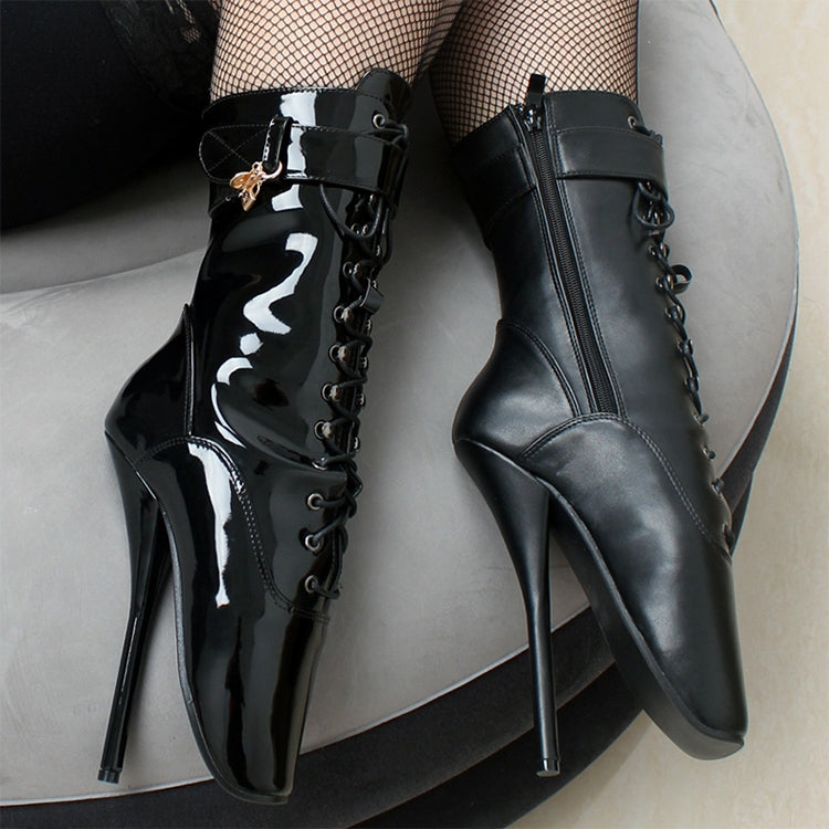 Ballet Pumps Spike Heel Black Lace-Up Pointed Toe Shoes, Size:39