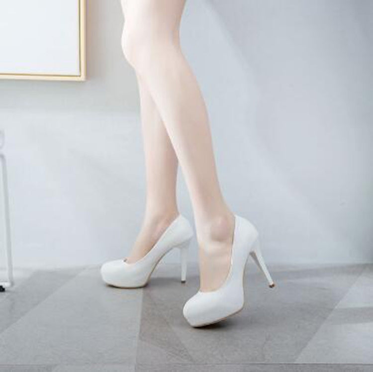 Solid Color PU Leather Ladies High Heels Slip-On Party Dress Shoes, Size:34(White)