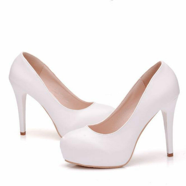 Solid Color PU Leather Ladies High Heels Slip-On Party Dress Shoes, Size:39(White)