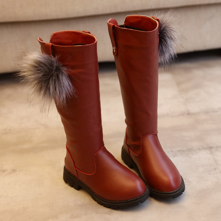 Girls Fur Ball Leather Comfortable Non-Slip Boots, Size:32, Color:Wine Red