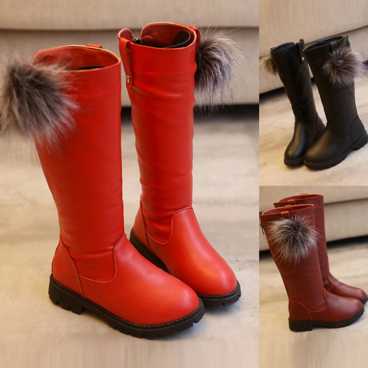 Girls Fur Ball Leather Comfortable Non-Slip Boots, Size:33, Color:Black