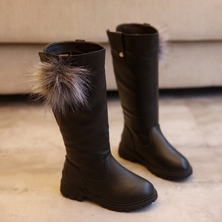 Girls Fur Ball Leather Comfortable Non-Slip Boots, Size:36, Color:Black