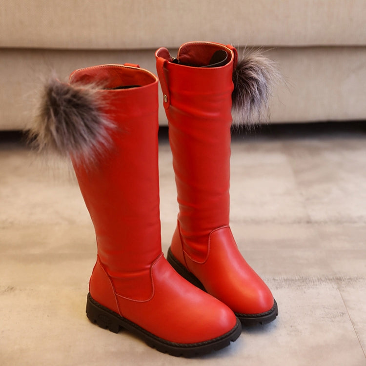 Girls Fur Ball Leather Comfortable Non-Slip Boots, Size:28, Color:Red