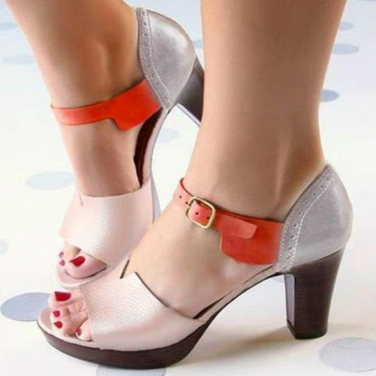 Vintage Open Toe Leather Sandals Heels, Size:34