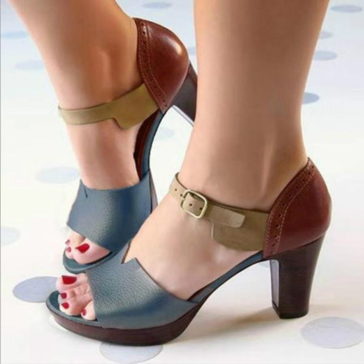 Vintage Open Toe Leather Sandals Heels, Size:34