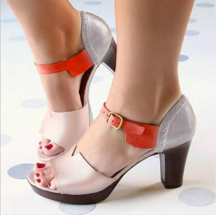Vintage Open Toe Leather Sandals Heels, Size:35