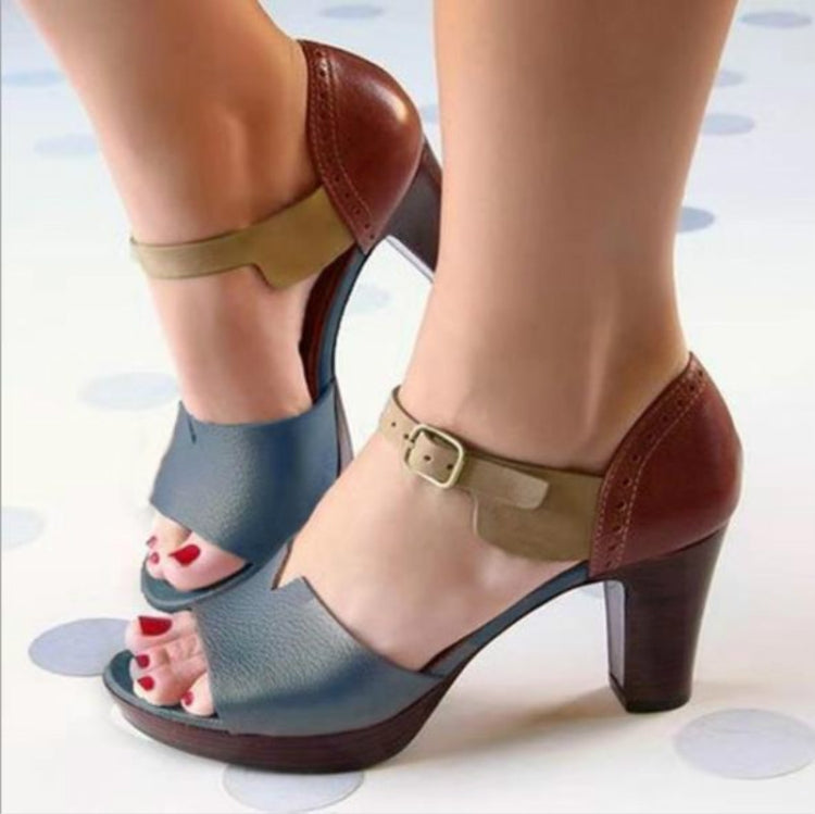 Vintage Open Toe Leather Sandals Heels, Size:35