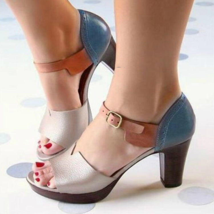 Vintage Open Toe Leather Sandals Heels, Size:35