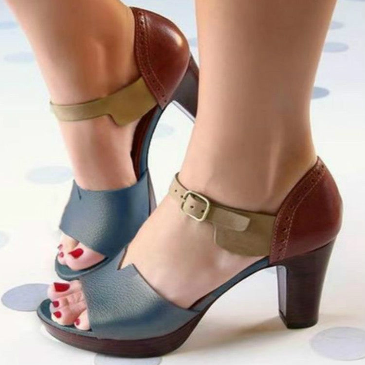 Vintage Open Toe Leather Sandals Heels, Size:36