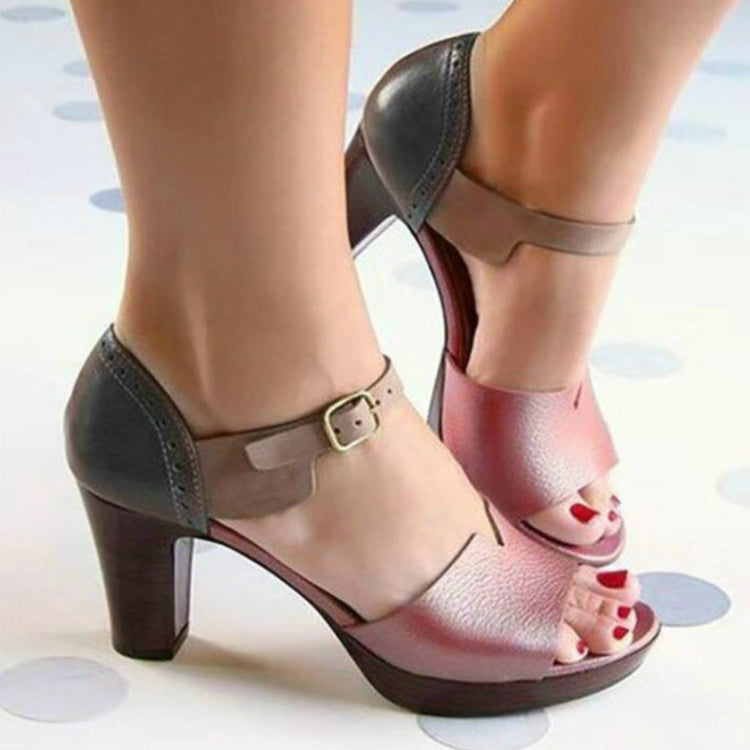 Vintage Open Toe Leather Sandals Heels, Size:38