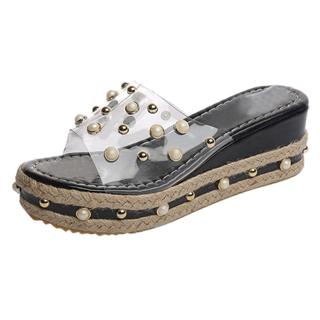 Pearl Transparent Sexy Wedge Slipper, Shoe Size:35