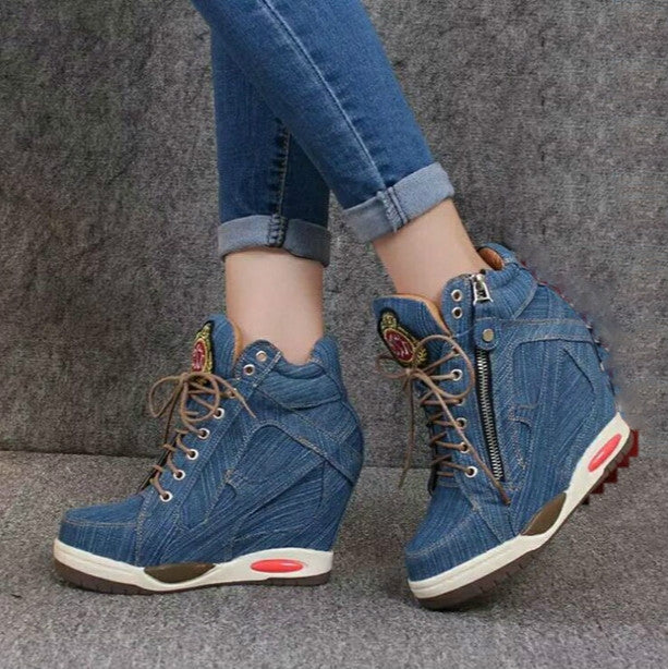 Personalized Muffin Inside Thickening Casual Denim Lace-up Boot, Shoe Size:35(Blue)