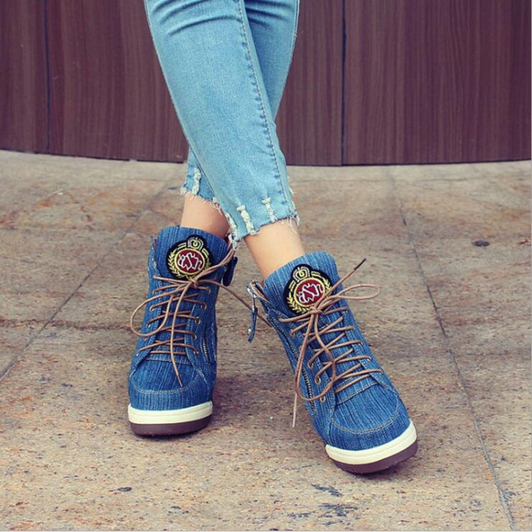 Personalized Muffin Inside Thickening Casual Denim Lace-up Boot, Shoe Size:35(Blue)