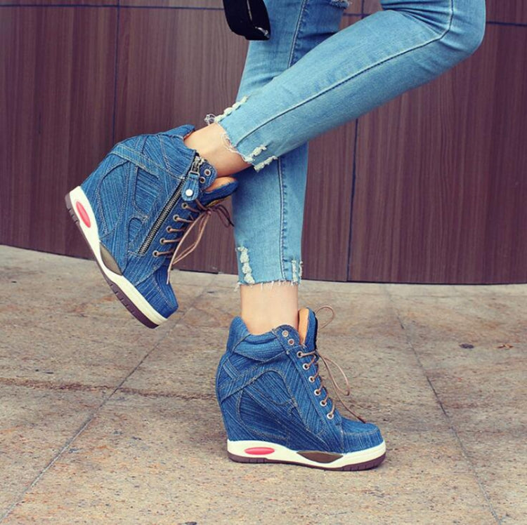 Personalized Muffin Inside Thickening Casual Denim Lace-up Boot, Shoe Size:35(Blue)