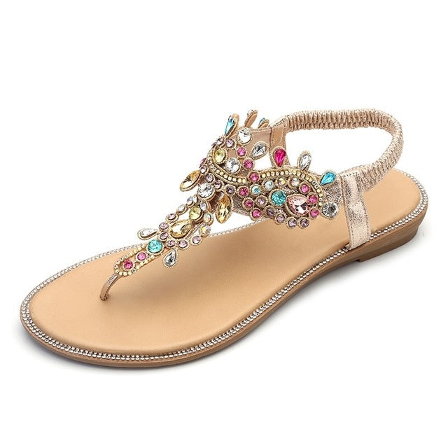 Female Rhinestones Flats sandals, Shoe Size:38(Gold Color Drill)