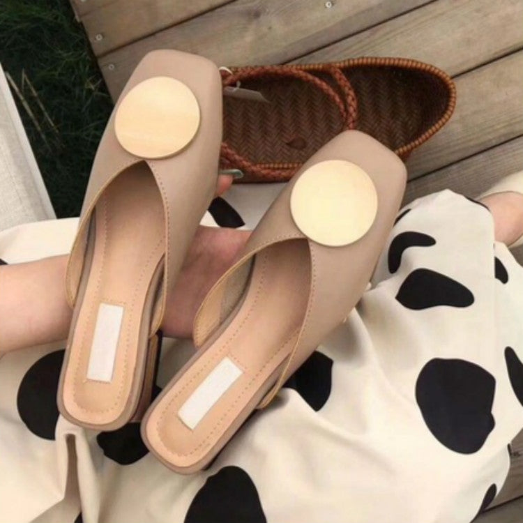 Metal Round Baotou Slippers Lazy Sandals, Shoe Size:38(Khaki)