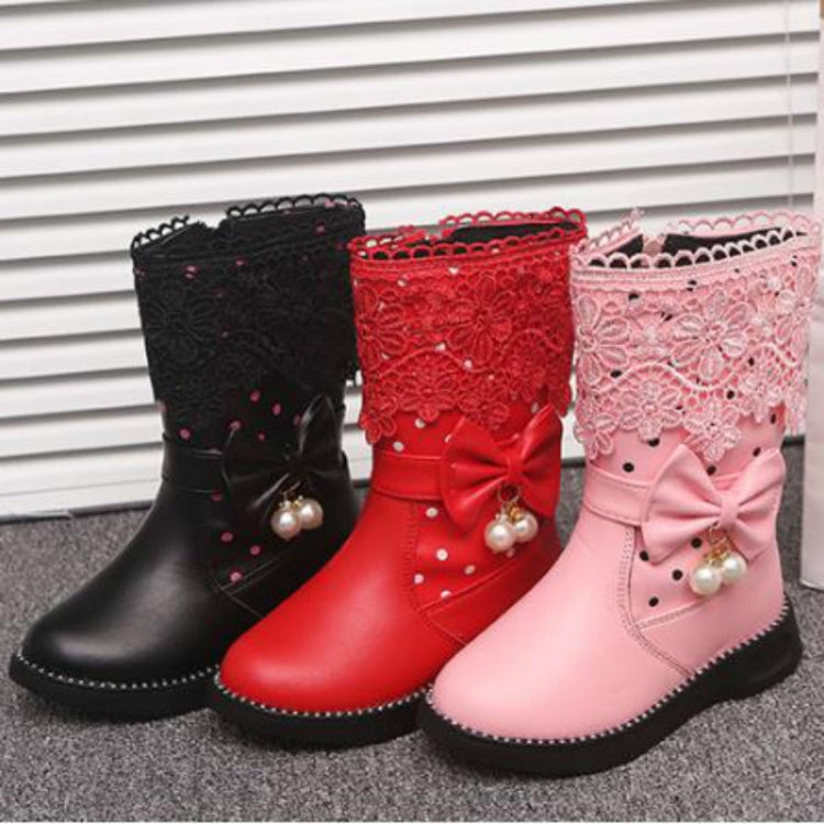 Children's Velvet Bow Pendant Lace Lace Snow Boots, Size:30, Color:Black