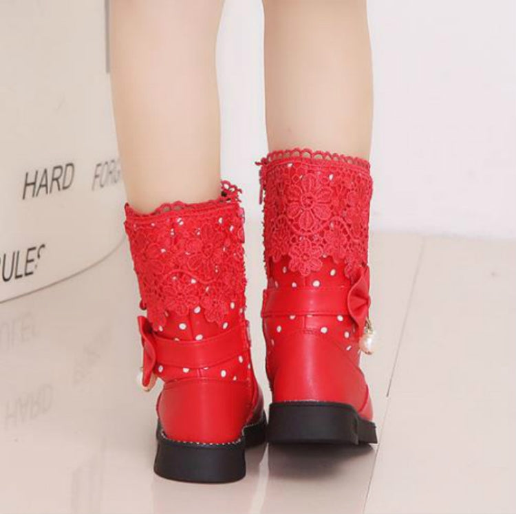 Children's Velvet Bow Pendant Lace Lace Snow Boots, Size:27, Color:Red