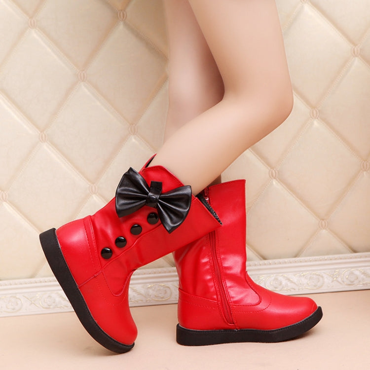 Winter Plus Velvet Tall Girls Warm Bow Flat Long Tube Children Boots, Size:34
