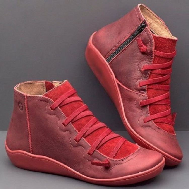 PU Boots Lace-Up Retro Flat Women Boots, Size:35