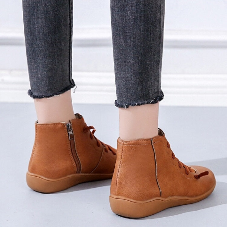 PU Boots Lace-Up Retro Flat Women Boots, Size:35