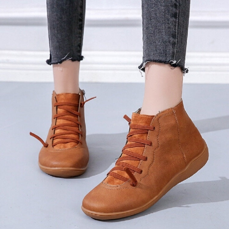 PU Boots Lace-Up Retro Flat Women Boots, Size:35