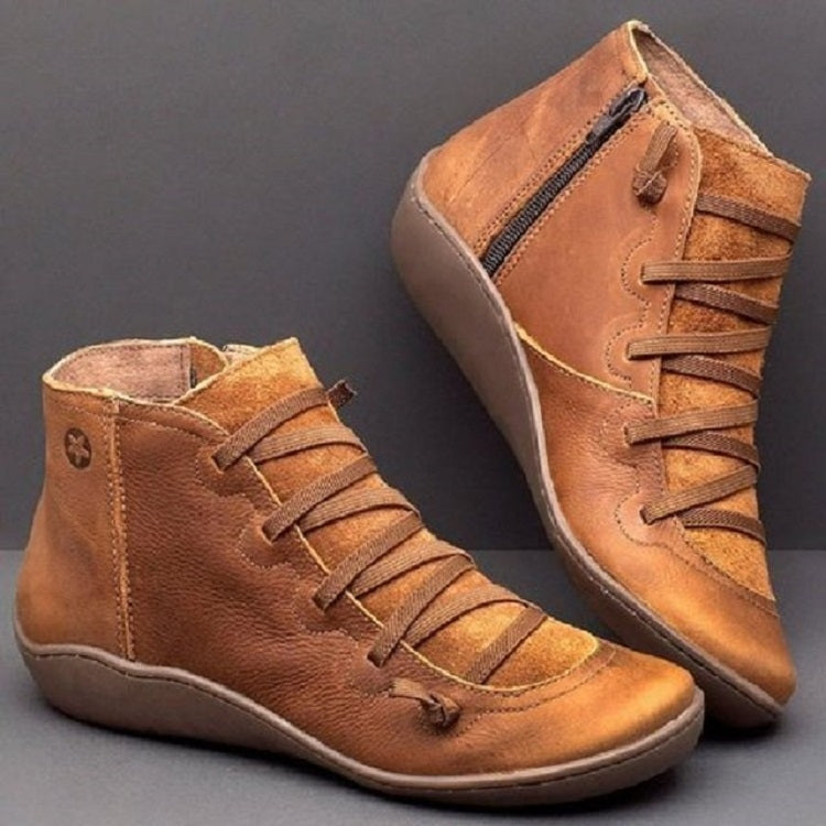PU Boots Lace-Up Retro Flat Women Boots, Size:35