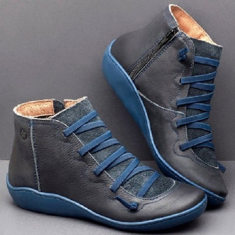 PU Boots Lace-Up Retro Flat Women Boots, Size:35