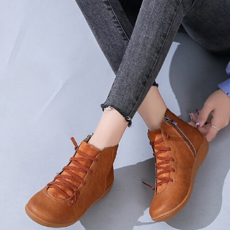 PU Boots Lace-Up Retro Flat Women Boots, Size:35