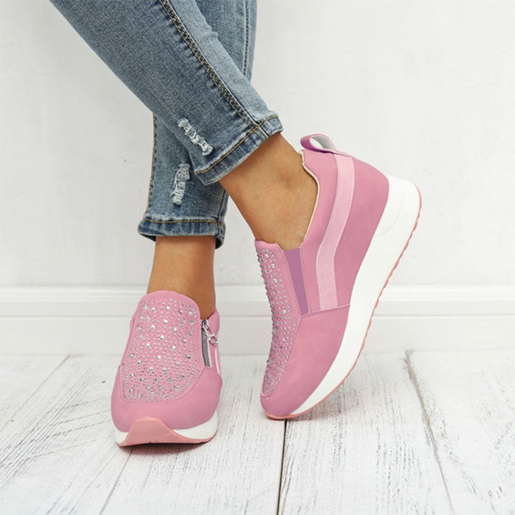 Rhinestone Thick Bottom Side Zipper Increased Ladies Casual Shoes, Size:36(Pink)