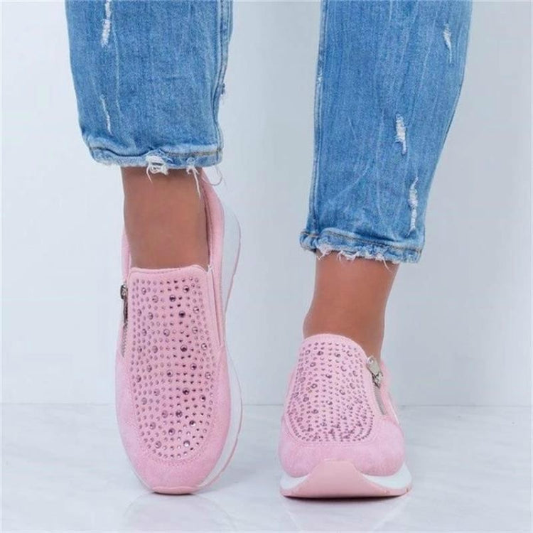 Rhinestone Thick Bottom Side Zipper Increased Ladies Casual Shoes, Size:36(Pink)