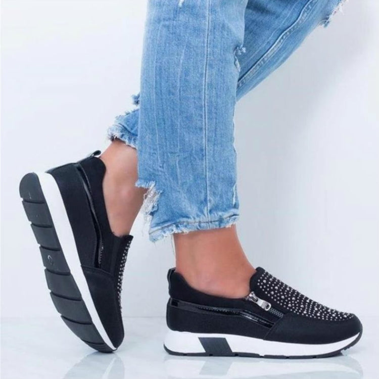Rhinestone Thick Bottom Side Zipper Increased Ladies Casual Shoes, Size:37